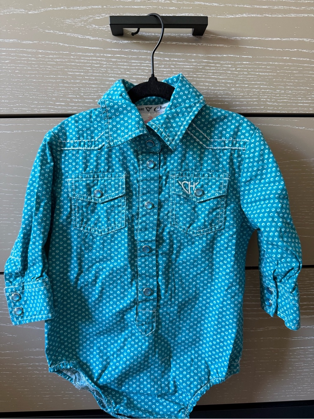 Western Baby Turquoise Button-Front Dot-Print Long-Sleeve Shirt Onesie